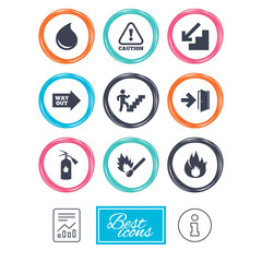 Fire safety, emergency icons. Fire extinguisher, exit and attention signs. Caution, water drop and way out symbols. Report document, information icons. Vector