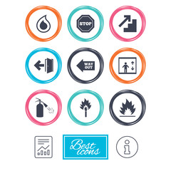 Fire safety, emergency icons. Fire extinguisher, exit and stop signs. Elevator, water drop and match symbols. Report document, information icons. Vector