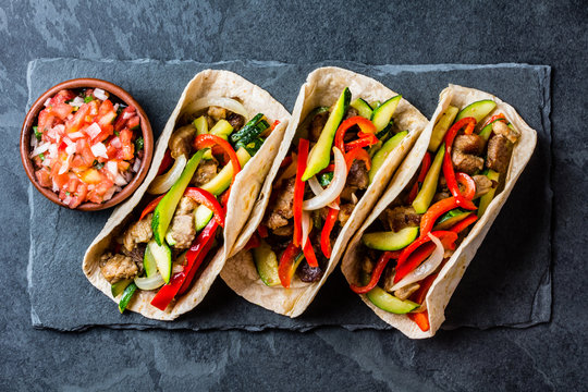 Mexican pork tacos with vegetables. Top view
