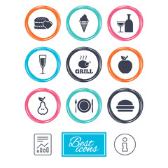 Food, drink icons. Grill, burger and ice cream signs. Chicken, champagne and apple symbols. Report document, information icons. Vector