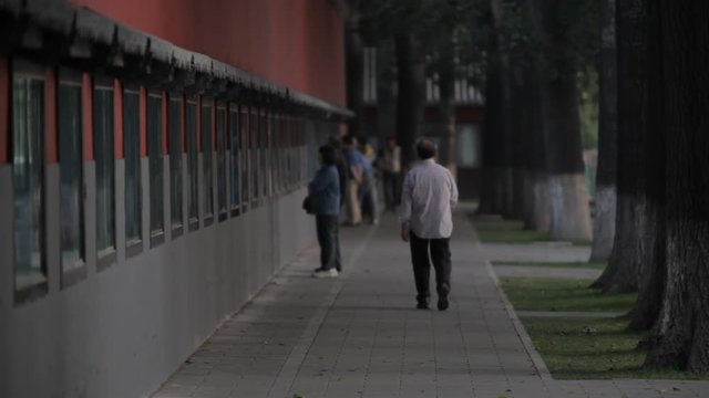 WS Rear view of senior man walking on sidewalk along a wall / Beijing, China