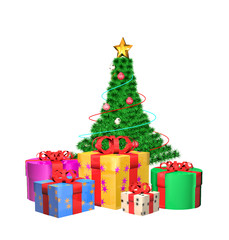 Christmas tree with gifts, isolated on white, 3d render