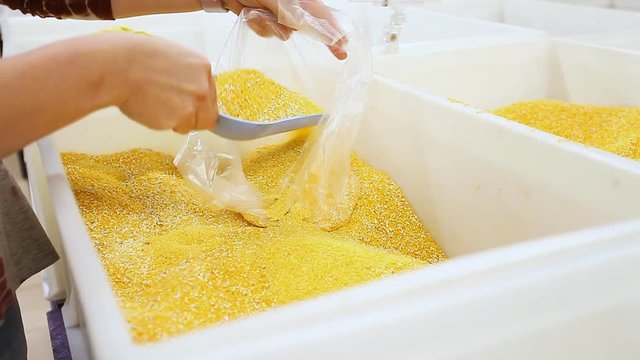 girl pours groats close-up in a supermarket