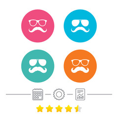 Fototapeta na wymiar Mustache and Glasses icons. Hipster symbols. Facial hair signs. Calendar, cogwheel and report linear icons. Star vote ranking. Vector