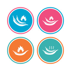Hot chili pepper icons. Spicy food fire sign symbols. Colored circle buttons. Vector