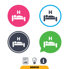 Hotel apartment sign icon. Travel rest place. Sleeper symbol. Report document, information sign and light bulb icons. Vector