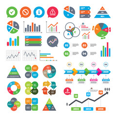 Business charts. Growth graph. Information icons. Stop prohibition and attention caution signs. Approved check mark symbol. Market report presentation. Vector