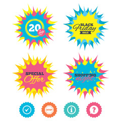 Shopping night, black friday stickers. Information icons. Stop prohibition and question FAQ mark speech bubble signs. Approved check mark symbol. Special offer. Vector