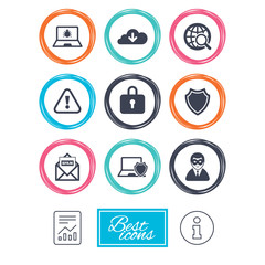 Internet privacy icons. Cyber crime signs. Virus, spam e-mail and anonymous user symbols. Report document, information icons. Vector