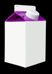 Closed white and purple pint container carton of dairy milk with plastic screw top spout against black background. Side and front view. Copy space. Vertical.