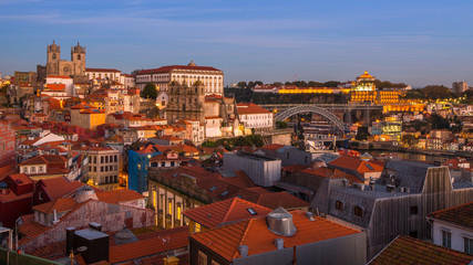 Top view on the historical centre of Porto at dusk, Portugal.
