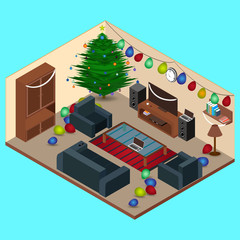 Isometric Christmas Room Interior at Living Room