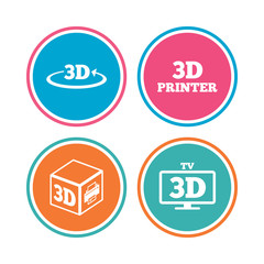 3d technology icons. Printer, rotation arrow sign symbols. Print cube. Colored circle buttons. Vector