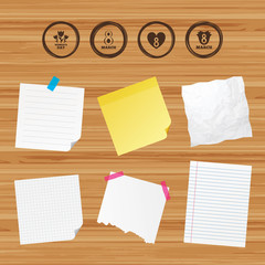 Business paper banners with notes. 8 March Women's Day icons. Tulips or rose flowers bouquet and heart sign symbols. Sticky colorful tape. Vector