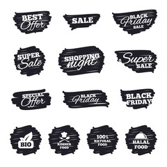 Ink brush sale stripes and banners. 100% Natural Bio food icons. Halal and Kosher signs. Chief hat with fork and spoon symbol. Black friday. Ink stroke. Vector