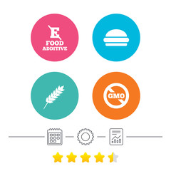 Food additive icon. Hamburger fast food sign. Gluten free and No GMO symbols. Without E acid stabilizers. Calendar, cogwheel and report linear icons. Star vote ranking. Vector