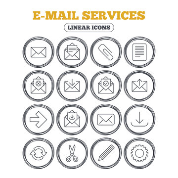 Mail services icons. Send mail, paper clip and download arrow symbols. Scissors, pencil and refresh thin outline signs. Receive, select and delete mail. Circle flat buttons with linear icons. Vector