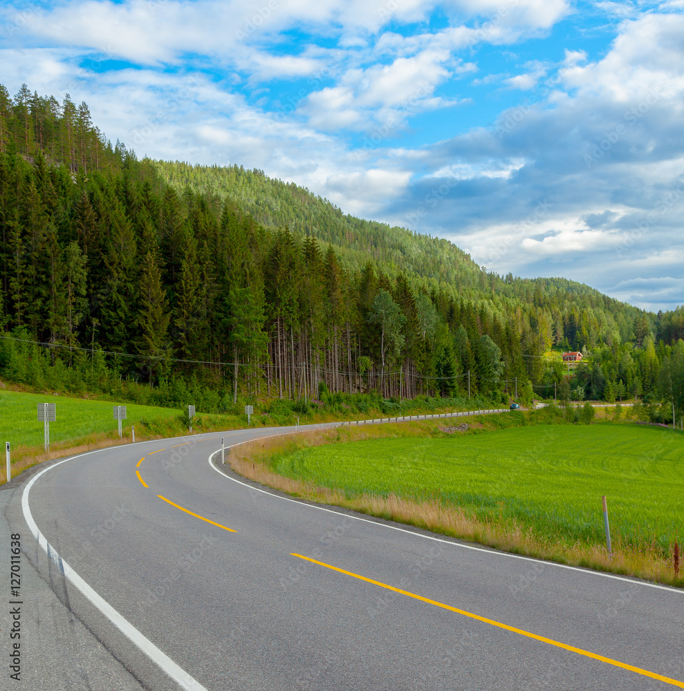 Wall mural norwegian highway car road in beautiful mountains, amazing summer landscape background, north europe