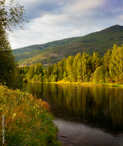 Norwegian Mountains River Sunset Landscape Green Woods