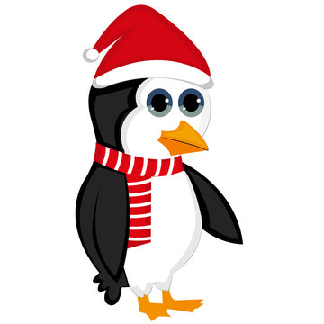 Cute penguin character, Merry Christmas, hat and scarf.