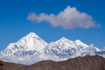 Beautiful snowy mountain landscape, Annapurna Range in Himalayas, Nepal.