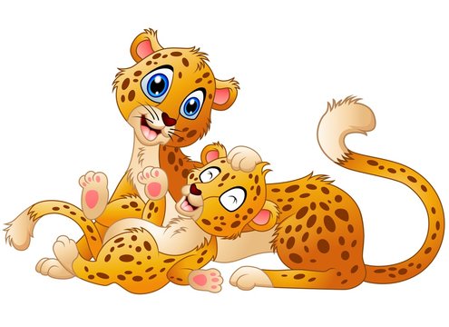 Happy adult cheetah with cub cheetah