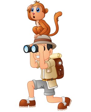 Young boy with binoculars and monkey cartoon