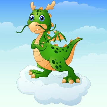 Cute cartoon green dragon posing on the cloud