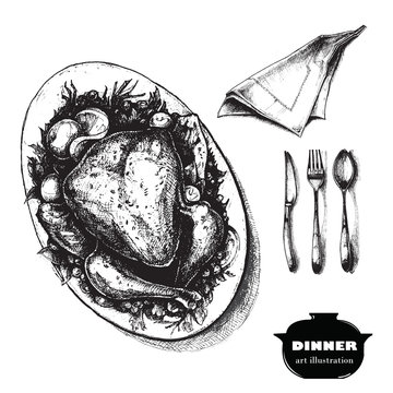 Turkey or chicken dinner. Vector art illustration.