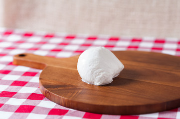 Single water buffalo mozzarella mozzarella di buffala cheese ball on wooden cheese chopping board...