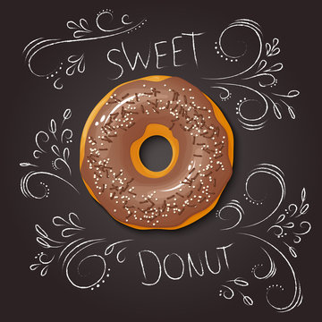 vector illustration of realistic isolated sweet donut on top view with hand drawn curly leaves and branches on blackboard