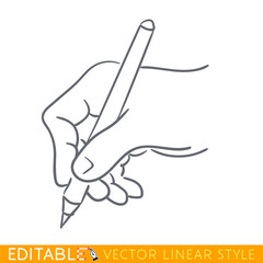 Writing or drawing a hand with pen. Editable outline sketch icon.