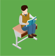Isometric scholl flat illustration. Student studying algebra textbook