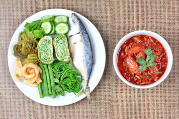 Spicy meat and tomato dip,Nam Prik Ong,with side dish