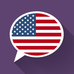 White speech bubble with American flag on purple background.