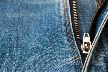 Close and Open of Denim jeans, Looking on Zip or slide-fastener.