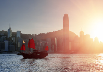 Tourist sailing ship crosses Victoria harbor, Hong Kong