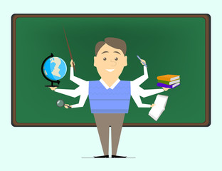 Multitasking is a school teacher, the teacher on various subjects. Vector flat