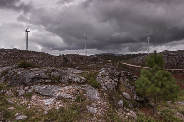 Fototapeta na wymiar wind farm on the top of a mountain in a cloudy