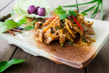 Fried spicy boar food Thailand culinary herbs