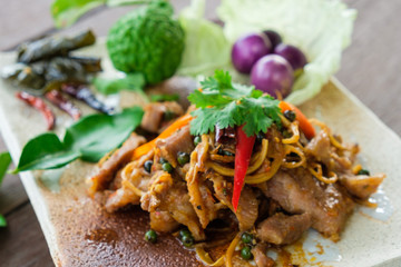 Fried spicy boar food Thailand culinary herbs