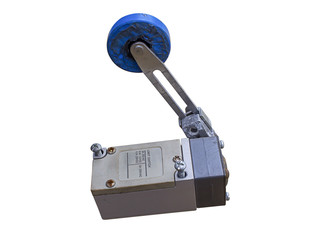 arm type metal limit switch isolated, white background of limit