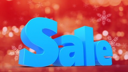 3d illustration of blue sale sign over red with snowflakes background