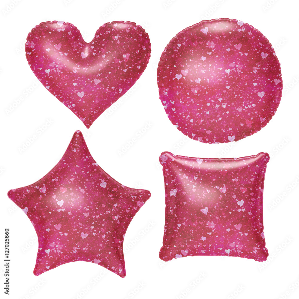 Poster red heart pattern on foil balloon set with clipping path