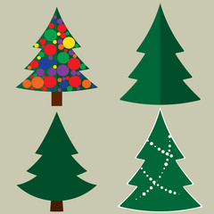 Christmas tree cartoon icons set. Green silhouette decoration trees signs