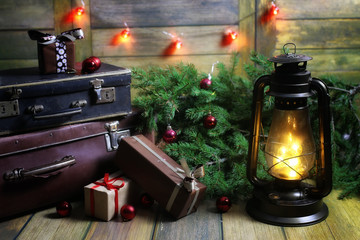 New Year composition of branches of Christmas trees decorated wi