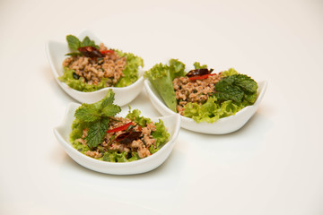 Larb Gai, spicy chicken,close up