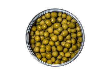 Packing juicy canned green peas isolated on a white background