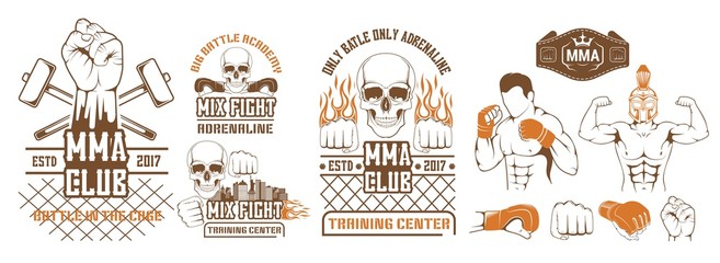 Set for MMA. Silhouette, logo, emblem, l?bel, element, the icon for the mix of martial arts. Battle, shows, training center, the boxing club to train fighter.