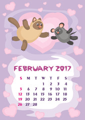 Obraz premium Wall calendar for February, 2017 with an amusing cat. Fun children's illustration in cartoon style. Colorful background. Vertical orientation. Week starts Sunday. Vector.